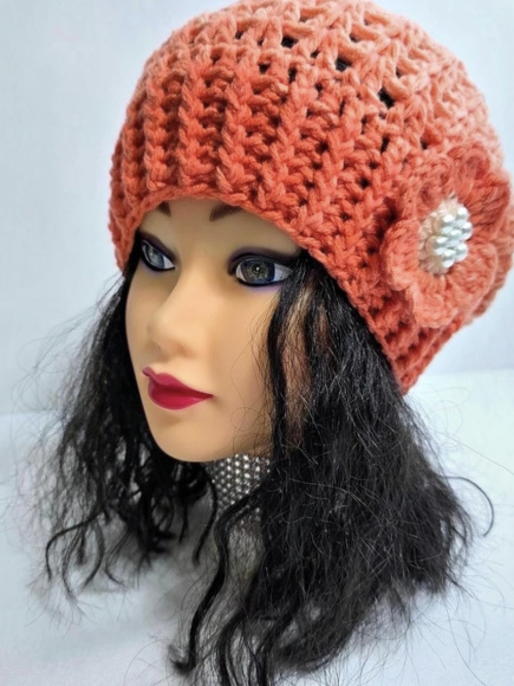 Crochet Flower Beanie in Orange & peach-New-One Size